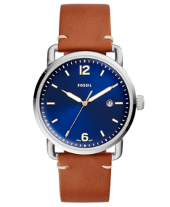 Fossil, Ceas Argintiu cu o Curea Maro de Piele The Commuter