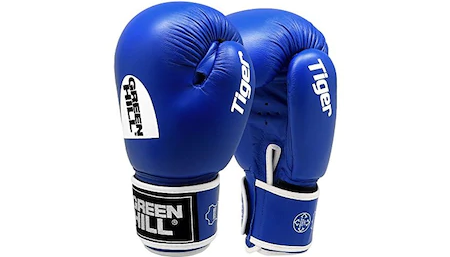 Manusi de box Green Hill Tiger, Aprobate AIBA, Albastru, Piele Naturala, 12 oz